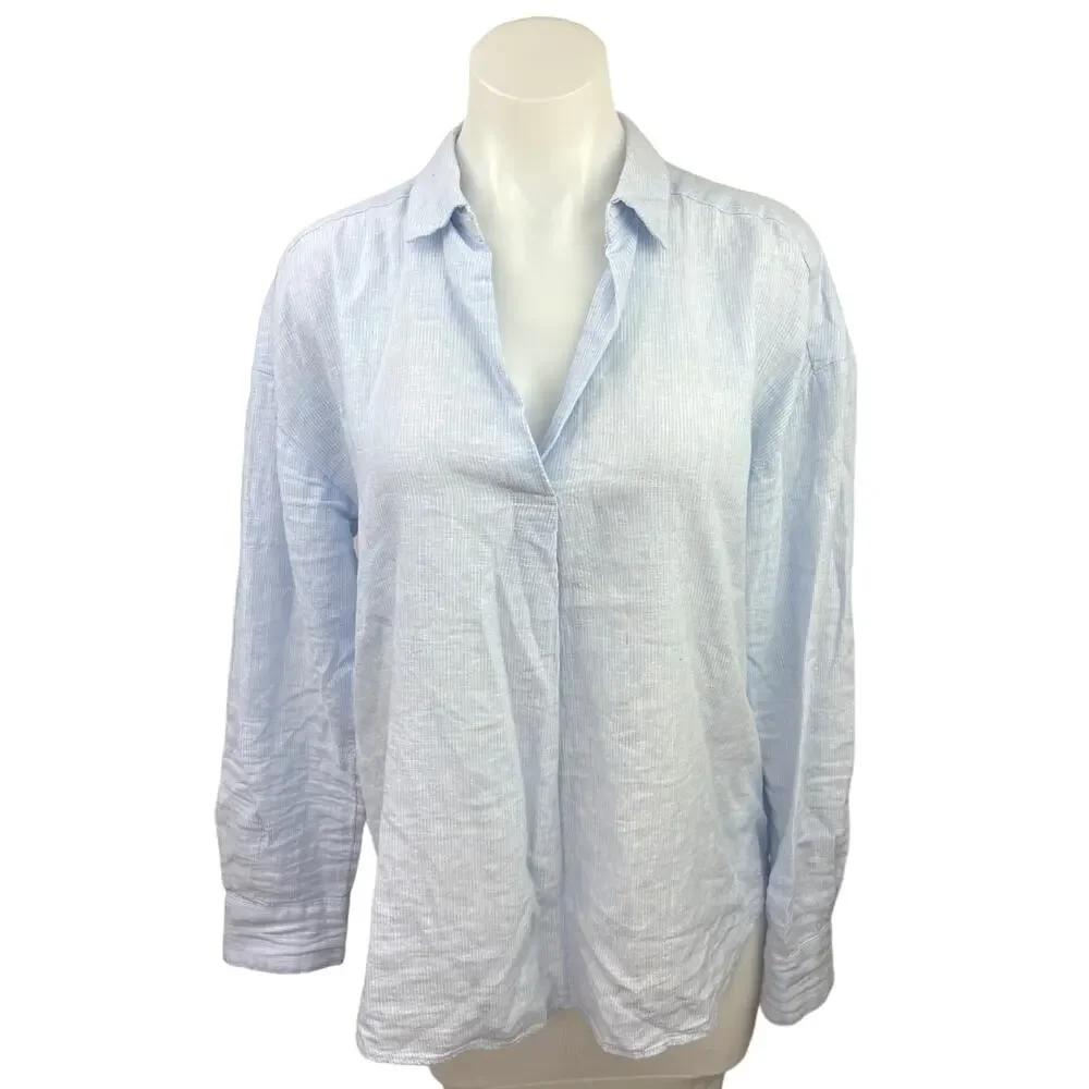 H&M Blue Linen Pinstripe V-Neck Collar Long Sleeve Lightweight Boxy Blouse Top 0 - Picture 1 of 4
